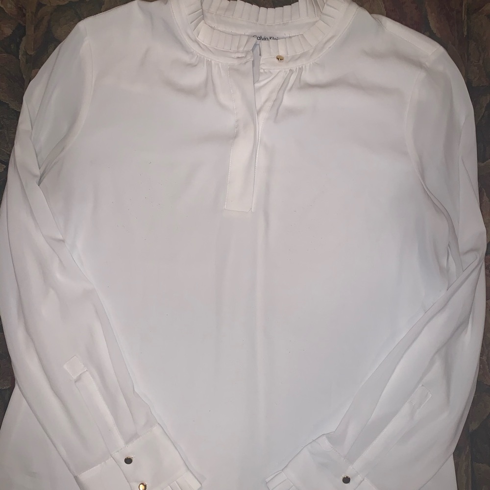 White Calvin Klein Blouse with Gold Buttons